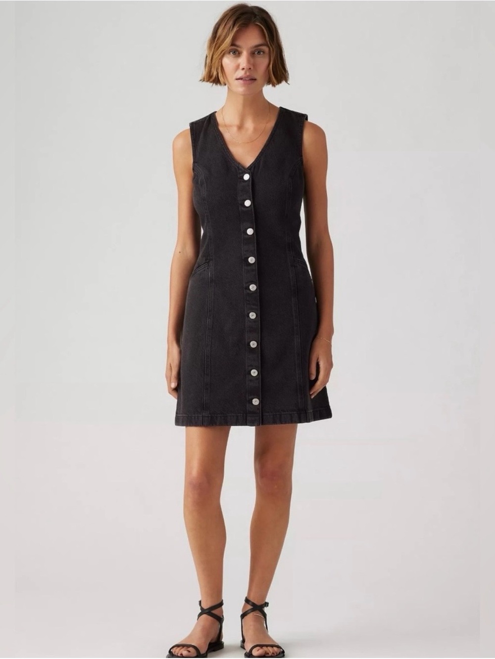Levi's Black Sleeveless V-Neck Button-Front Denim Dress